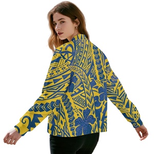 Giacca Bomber da <span class=keywords><strong>Donna</strong></span> Stile Tribale Polinesiano <span class=keywords><strong>Giallo</strong></span> e Blu, Casual con Zip Intera, Giacca Varsity con Tasche, Capospalla - Product Image 3