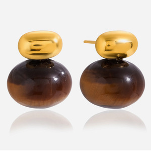 <b>Stud</b> <b>Earrings</b> Tiger Eye Ball Shape 18K Gold Plated Stainless Steel Geometric Design Fashion Jewelry - Product Image 1