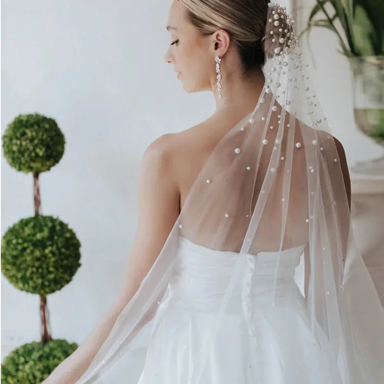 الحجاب الزفاف QS مع قطع اللؤلؤ حافة الحجاب الزفاف فستان الزفاف الملحقات