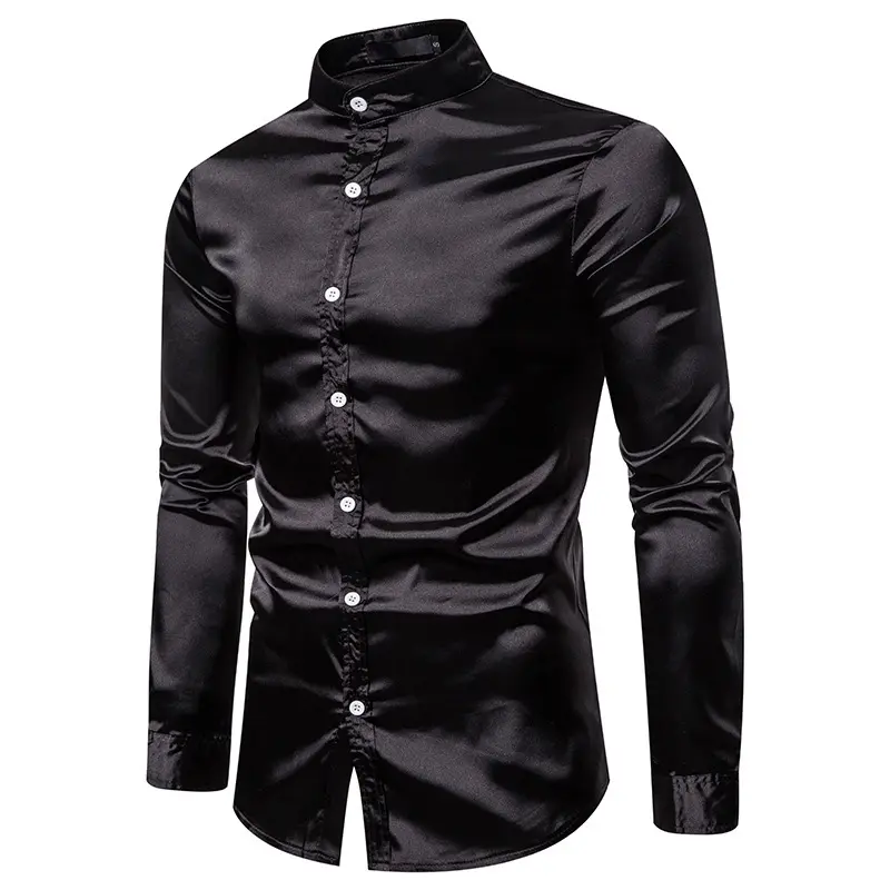 Men's Plain Black Full Sleeve Slim Fit Stand Collar Button Up Design Shiny Shirt