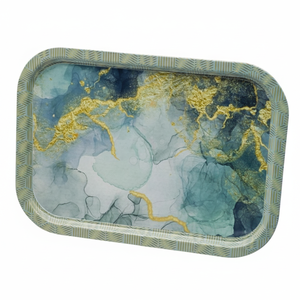 Plateau en bois rectangulaire moderne de 285x400mm Plateau de service décoratif en marbre bleu avec design fantaisie - Product Image 2