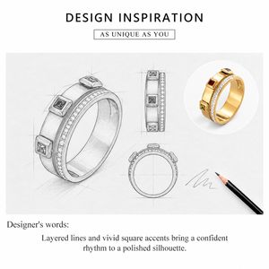 Gold Tone Double Band <b>Ring</b> with Multicolor Square Accents and Clear Stone Row Layered <b>Statement</b> Jewelry - Product Image 3