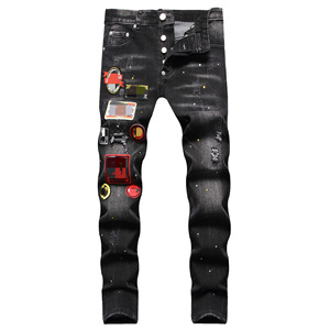 Celana Jeans Pria Hitam Stretch Slim Straight Vintage Gothic Hip Hop Musim Dingin Vintage Berwarna Rivet Berlian Leopard Patchwork - Product Image 1