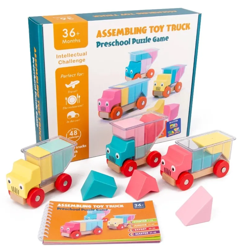 Blocos de construção de caminhão de madeira, brinquedo montessori para crianças, brinquedo lógico para pensamento, treinamento, caminhão, jogo de carregamento para brinquedos pai-filho