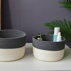 Round Woven Cotton <b>Storage</b> <b>Baskets</b> <b>White</b> Dark Gray Handmade For Cosmetics Toys Organizer Standing Type - Product Image 2