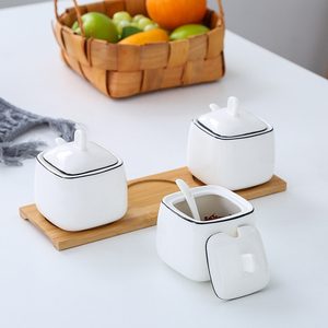 Ensemble de pots à épices en céramique blanche, avec couvercle et cuillère, rond et carré, personnalisé, pour assaisonnement, sel et sucre, cuisine - Product Image 3