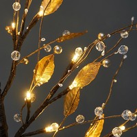 Lampe de table décorative LED 24 LED blanc chaud en plastique, 55 cm, feuilles dorées, perles de cristal, alimentée par piles, pour Noël et la maison