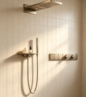 Système de douche thermostatique encastré HONGDEC en nickel brossé avec étagère de rangement, douche pluie, cascade, douche à main