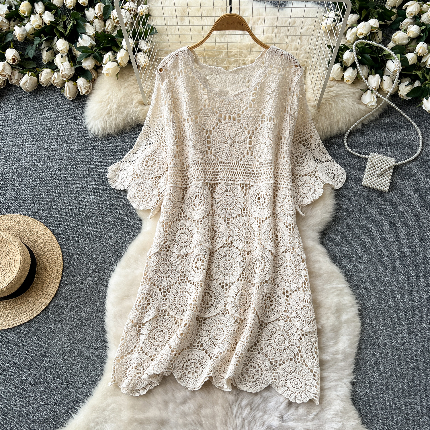 Summer Korean Slim Knit Midi Dress For Women Empire Hollow Out Lace Dress Summer Korean Slim Knit Midi Dress For Women Empire Hollow Out Lace Dress
