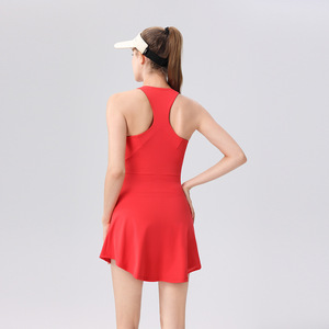 Gaun Tenis Y-Dress Campuran Spandex/Nilon Cepat Kering Kerah Bulat Tanpa Lengan Celana Pendek Tarik Naik dengan Bantalan Dada Celana Dalam - Product Image 4