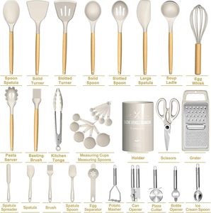 Juego de utensilios de cocina de silicona Umite Chef Khaki, 34 piezas, espátula con mango de madera resistente al calor, rallador, juego de utensilios de cocina antiadherentes - Product Image 2