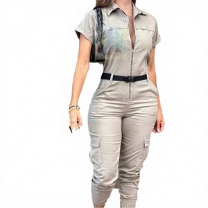 New Women's Fashion Velvet Breathable Zipper Workwear <b>Jumpsuit</b> <b>with</b> Short Sleeved Collar Multiple <b>Pockets</b> Waist Belt <b>Jumpsuit</b> - Product Image 3
