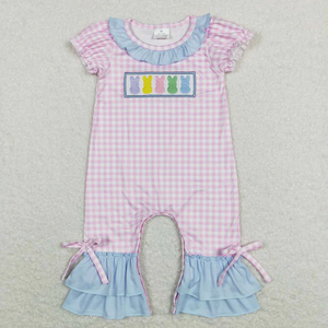 Romper de burbujas rosa a cuadros con bordado de conejos y huevos de Pascua para bebés niñas de manga corta - Product Image 3