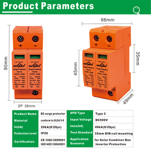 <span class=keywords><strong>Dc</strong></span> SPD 500V 2P T2 40kA đôi cực năng lượng mặt trời PV <span class=keywords><strong>DC</strong></span> Surge Protector công nghiệp 20ka-40ka cho năng lượng mặt trời hệ thống - Product Image 2