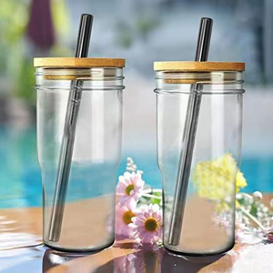 DD1099 Reusable Glass Bubble Tea Cup Smoothie Tumbler <strong>Milkshake</strong> Wide Mouth Mason Jar Drinking Glasses with Bamboo Lids <strong>Straws</strong> - Product Image 3