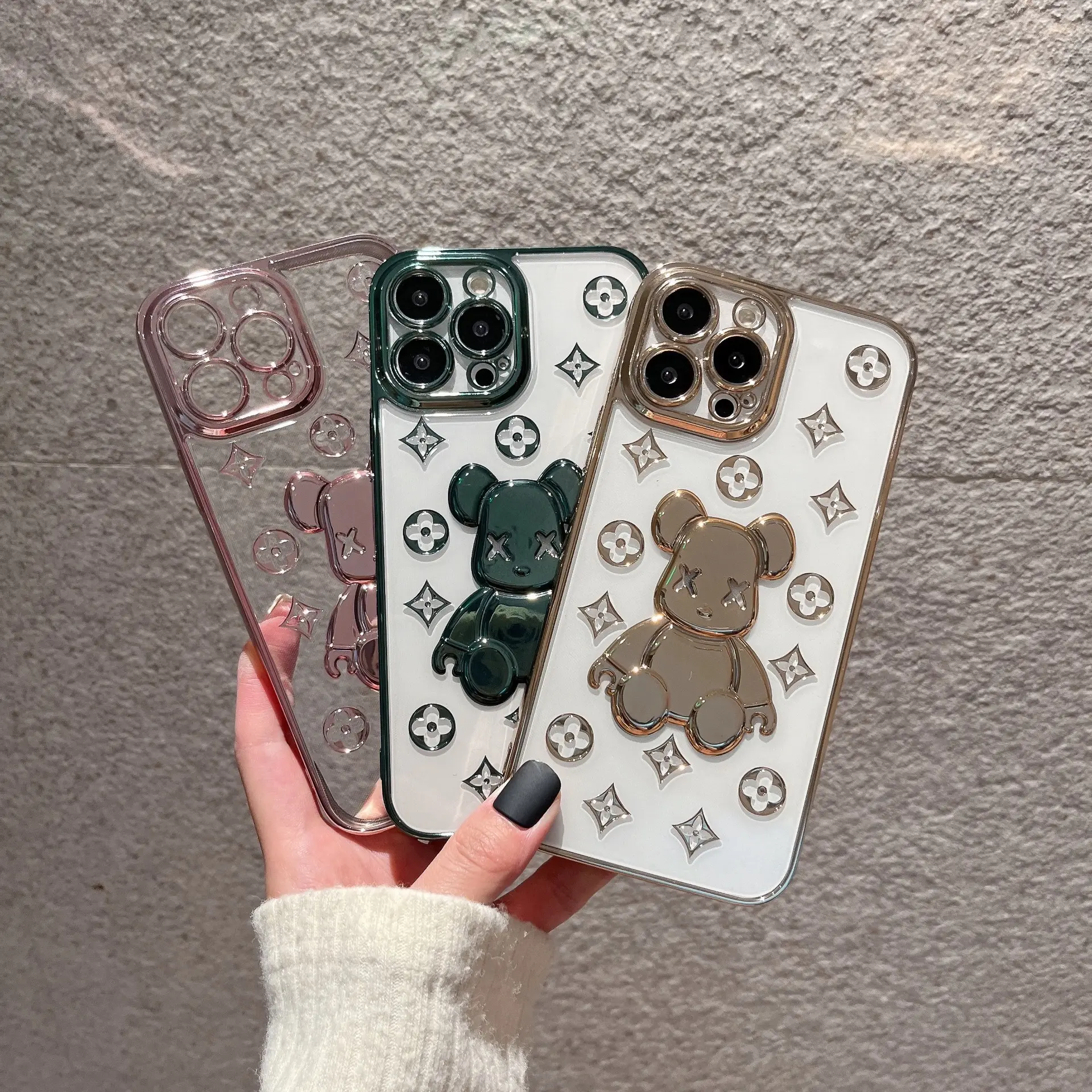 2023 New Listing Plated Leather Bear Series Mobile Phone Shell Classic Design 5 Color Hipster Violent Bear Case for iphone 14