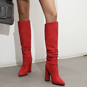 Big Size 43 Solid Knee High Pointed Toe Chunky High Heel Women <b>Boots</b> Soft Suede Upper Slip-on Long Booties for Ladies - Product Image 1