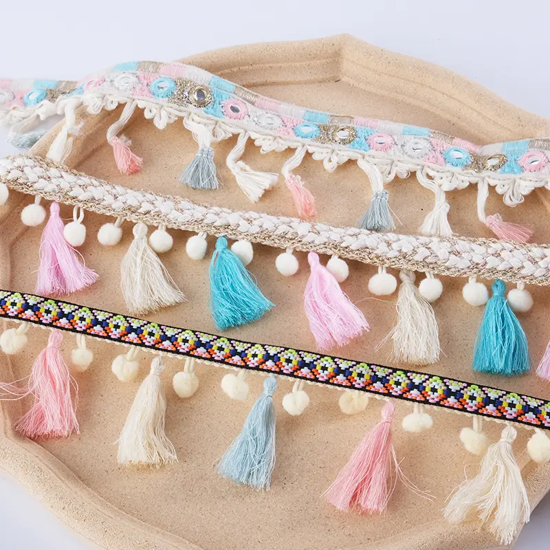 LS755 Ethnic style colorful tassel sequin wool ball lace trimming Miao Yi Tibetan children's clothing decorative accessories
