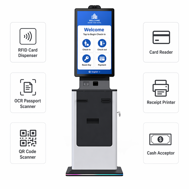 Self Service Check in Check Out Kiosk Hotel Touch Screen Passport Scanner Card Key Dispenser Coin Cash Acceptor Payment Kiosk
