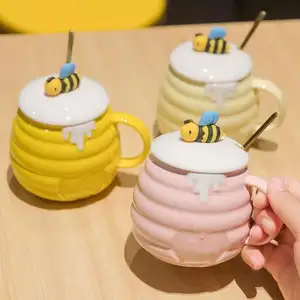 Nouvelle abeille tasse en céramique dessin animé insecte tasse d'eau Huaqi TCB21 boîte-cadeau tasses mignonnes avec cuillère petit déjeuner lait gros ventre tasse pour les filles