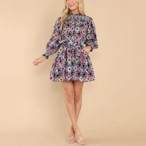 Paling Populer Kualitas Tinggi Patch Mini Dress Smock Kain Peregangan Gaun Leher Mock Tinggi Rok Gadis Tingkat Cantik