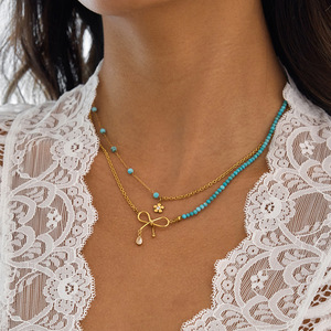 Collier pendentif en acier inoxydable avec perles turquoise bleues, design nœud papillon, bijoux cadeau - Product Image 2