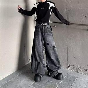 American Retro Distressed Multi-Pocket Patchwork Cargo <b>Jeans</b> Men Loose Straight-Leg Casual Low <b>Waist</b> High Street Wide-Leg Spring - Product Image 2