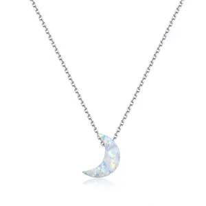 Ins Wholesale Simple White Opal Jewelry Moon Fire 925 Silver Opal Moon Necklace Half Moon Necklace