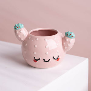 Bonita maceta redonda pintada <span class=keywords><strong>a</strong></span> <span class=keywords><strong>mano</strong></span> con forma de cactus, maceta de cerámica para bonsái, maceta inteligente, regalo para niños - Product Image 4