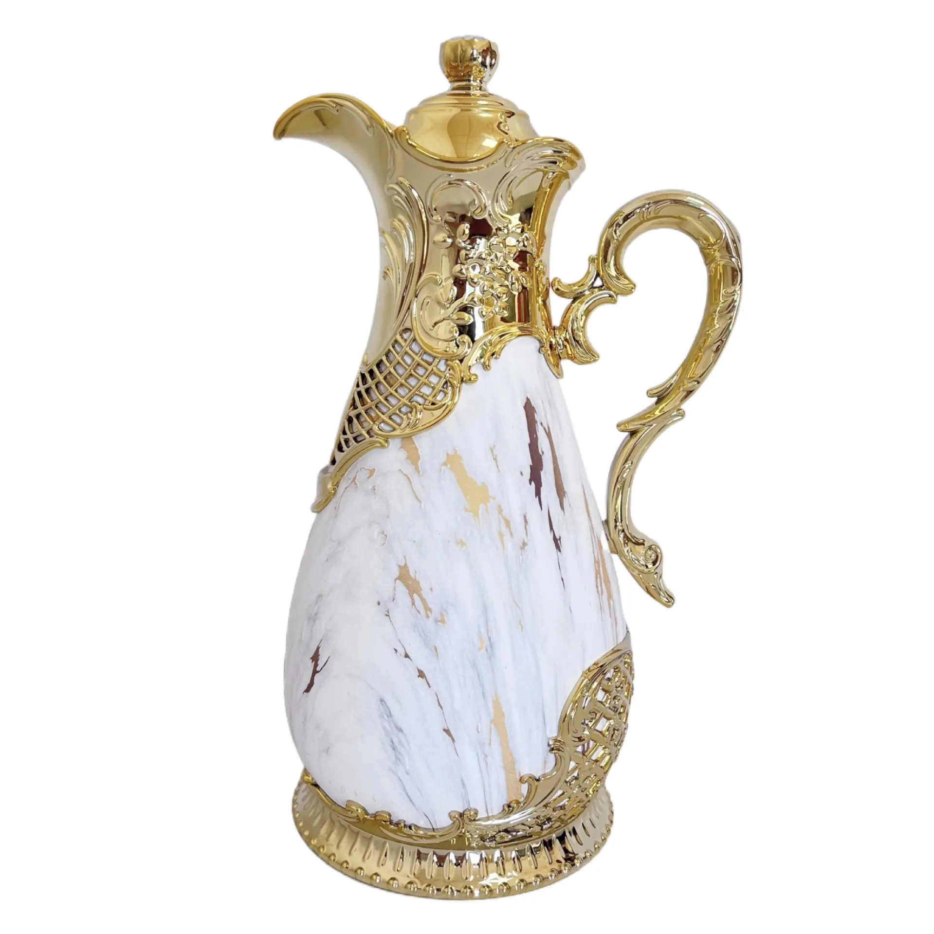 Individuelle isolierte Kaffee-Karaffe, luxuriöse vakuum-isolierte Thermosflasche im arabischen Stil mit Auslauf, Glasfutter weiße Marmorfarbe goldene Farbe