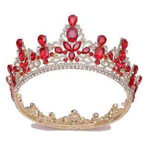 奢华巴洛克红色水晶圆形婚礼水钻新娘大高选美头饰皇冠