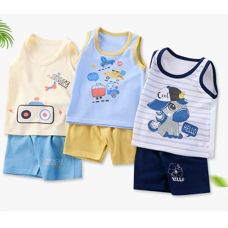 Cheap toddler kids summer cotton sleeveless suit cartoon baby boy clothes set little girls clothing sets children wholesale