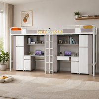 Lit superposé double intégré avec bureau, armoire et rangements intégrés, escalier et espace privé – Ensemble de mobilier tout-en-un pour étudiants et personnel