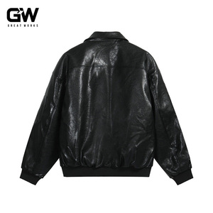 ユニセックスヘビー級キルティングレザーパーカメンズ冬用防風スタンド襟寒冷地カラーブロックコートルーズプレーン染めODM - Product Image 5