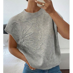 Suéter Holgado de Nuevo Estilo para Mujer, Chaleco de Punto de Color Sólido con Bordado, a la Moda - Product Image 1