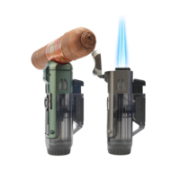 Briquet à cigares multicolore 4-en-1 en alliage de zinc, rechargeable au butane, avec grand réservoir de carburant visible, aiguille à perforer les cigares et support à cigares