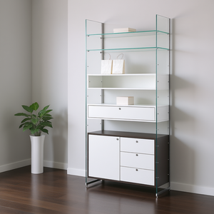 Modular Showcase 103x40x H 220 Glossy <b>White</b> Living Room Cabinet With Glass <b>Shelves</b> And Storage Doors - Product Image 3