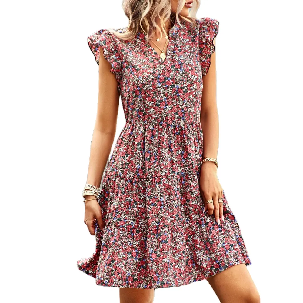 Custom digital print small floral casual short dress using cotton women's retro dress