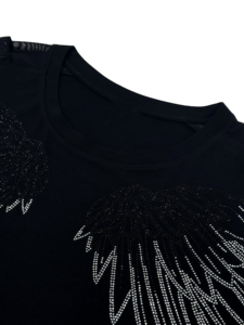 Haut en maille respirant pour <span class=keywords><strong>femme</strong></span>, 305g, coton et élasthanne, manches 3/4, patchwork en maille, strass 3D en forme d'aile, décontracté, personnalisé - Product Image 4