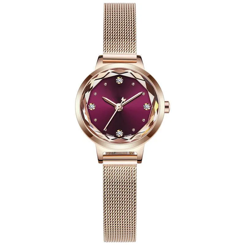 Casual Customized Oem Fashion Women Cut Purple Color Glass Watches Wrist Lady Watch Mesh band