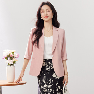 Pink Women's Blazer Three Quarter Sleeve Slim Fit Solid Color Summer Casual Chic Lightweight Jacket - Product Image 1