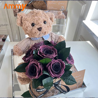 AM-PFE95 Boîte à fleurs en acrylique avec ours en peluche Ammy, décoration d'intérieur, cadeau de fête pour Noël, Halloween, Saint-Valentin