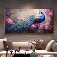 Peinture murale LED décorative pour salon, motif paon bleu moderne en porcelaine cristalline, vente en gros sur mesure
