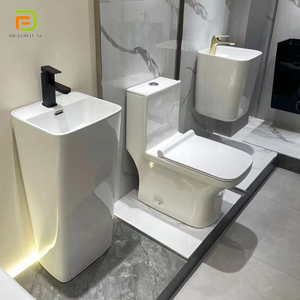 Juego de Inodoro y Lavabo de Pedestal de Cerámica para Hotel, Inodoro de Una Pieza y Lavabo Cuadrado Color Blanco, Artículos Sanitarios para Baño - Product Image 1