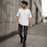 Jean skinny homme en coton stretch déchiré aux genoux, avec cordon de serrage, denim délavé noir, style streetwear