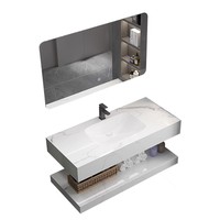 Ensemble de meuble-lavabo mural en dalles de pierre double couche sans joint, avec lavabo en céramique tout-en-un et surface solide au design minimaliste