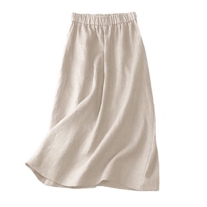 Women's Cotton Linen Midi <b>Skirt</b> <b>Elastic</b> Waist A-Line Solid Color Khaki Casual Wear - Product Image 5