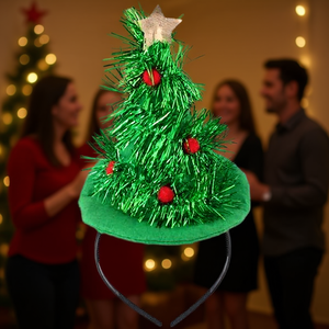 Christmas Tree <b>Hat</b> Green With <b>Red</b> Ornaments And Star <b>Top</b> For Holiday Parties - Product Image 2