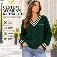 Pull personnalisé pour femme à col en V, tricot torsadé, manches longues, bordure contrastée à rayures, avec logo en relief pour l'automne et l'hiver
