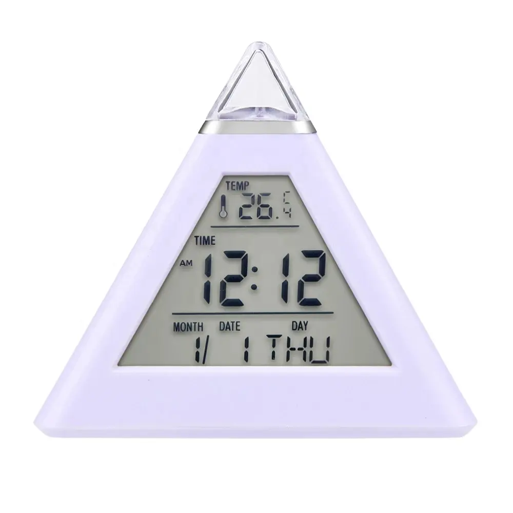 LED Réveil Numérique Électronique Thermomètre Température Calendrier Date Horloge Couleur Changeante Pyramide Veilleuse Enfants